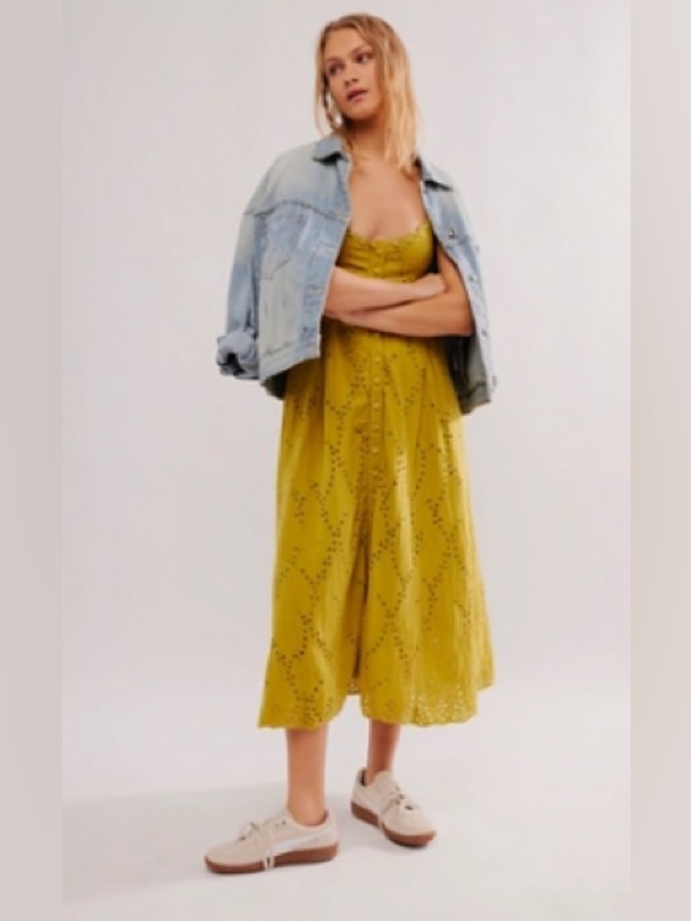 Free people Mustard Eyelet Midi Sundress